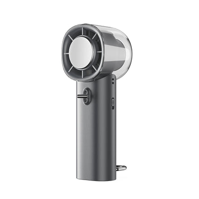 Ventilatore portatile ad alta velocità con raffreddamento, testa circolare trasparente e corpo grigio, motore brushless.