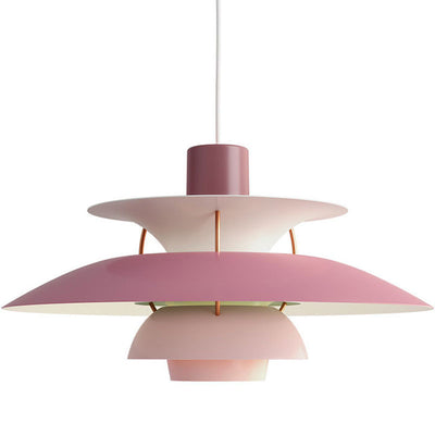 Lampada a sospensione in alluminio con dischi a strati rosa-bianco, rifiniture rame.