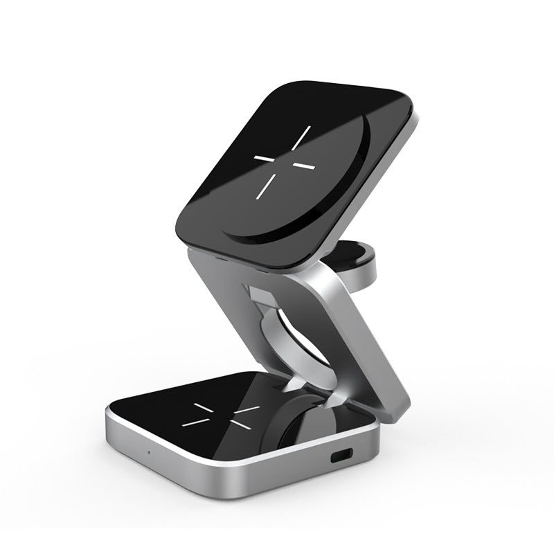 Stazione di ricarica wireless 3-in-1 pieghevole magnetica per smartphone, auricolari e smartwatch, colore argento.