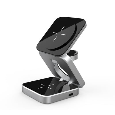 Stazione di ricarica wireless 3-in-1 pieghevole e magnetica, per smartphone, auricolari orologi, colore argento.