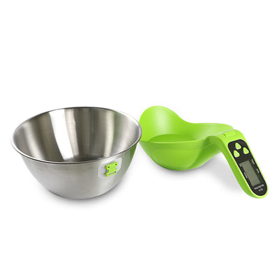 Bilancia elettronica da cucina migliorata con ciotola in acciaio inox e corpo verde, display digitale