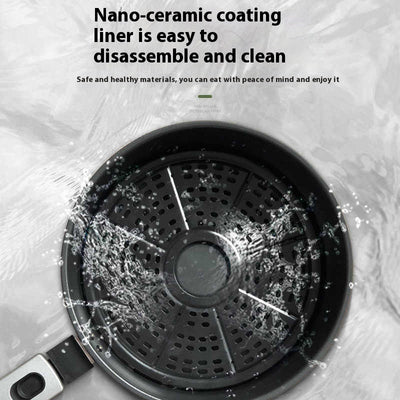 Friggitrice ad aria tutto-in-uno 8L, rivestimento nano-ceramico, 1350W, pulsanti meccanici; include manuale e ricette.