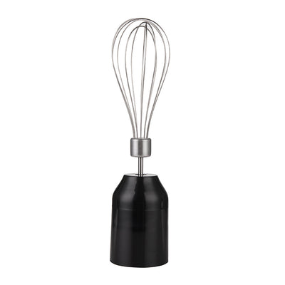 Frusta a filo in acciaio inox con corpo nero, accessorio per mescolare di una macchina culinaria multifunzione.