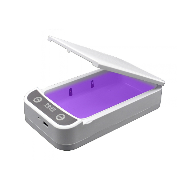 Scatola di disinfezione UV con luce viola, coperchio aperto, porte USB e display, compatibile con telefoni fino a 6.5 pollici.