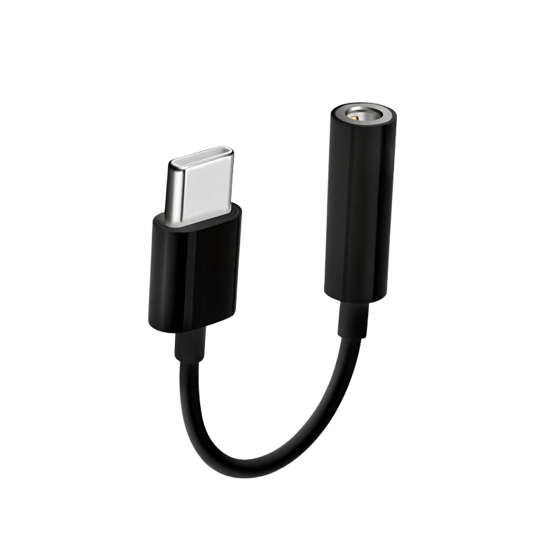 Adattatore audio Type C a jack 3.5mm nero per cuffie e dispositivo mobile.