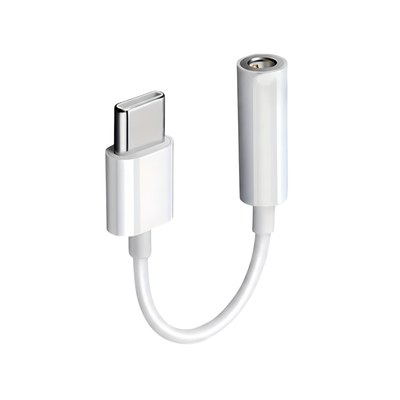 Adattatore Type C a presa audio 3.5mm bianco per auricolari, compatibile con smartphone e tablet.