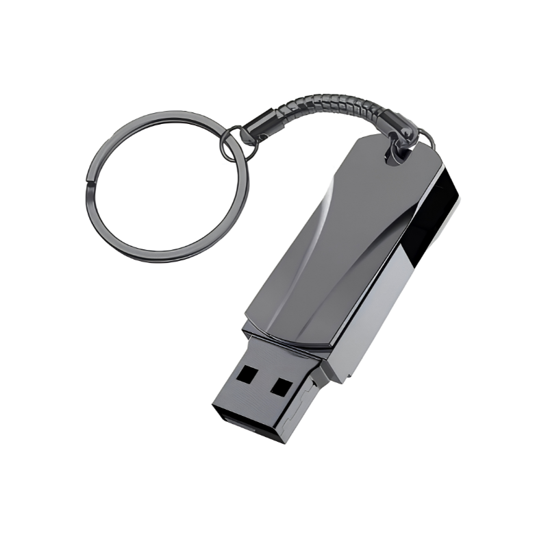 Chiavetta USB rotante in metallo nero con portachiavi, disponibile in varie capacità .
