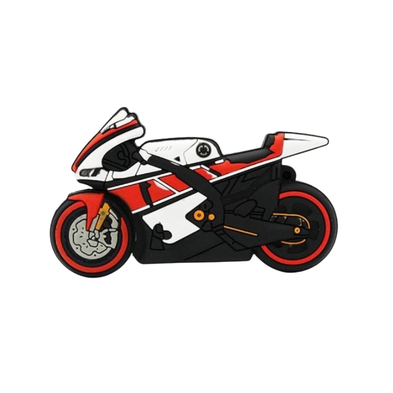 USB Drive in forma di moto sportiva rossa e bianca, design cartoon disponibile in varie capacità.