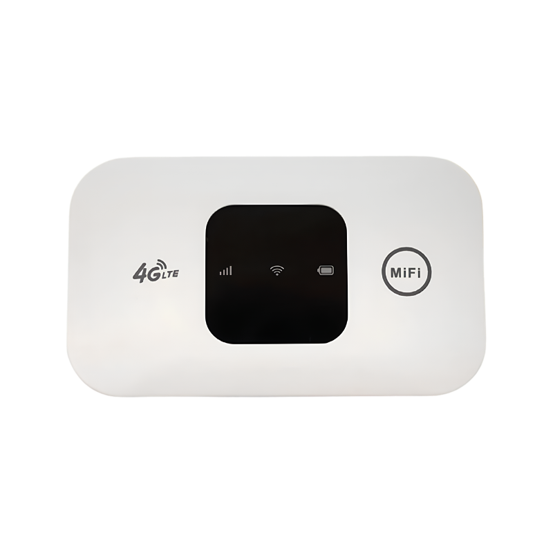 Router portabile Wi-Fi 4G LTE bianco, moderno, in plastica, con display indicatore segnale e batteria.