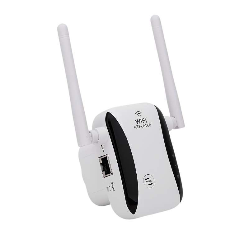 Amplificatore WiFi con due antenne per ampliare il segnale di rete, dotato di porta LAN e protezione contro le fulminazioni.