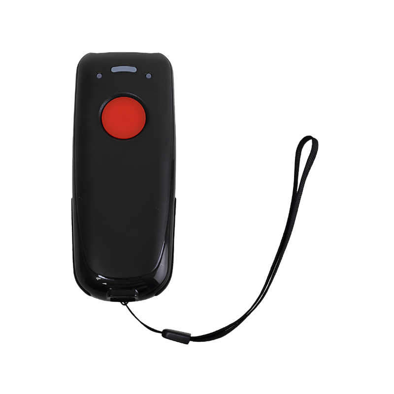 Scanner di codici a barre wireless nero con bottone rosso e laccetto, capace di decodificare formati 1D e 2D.