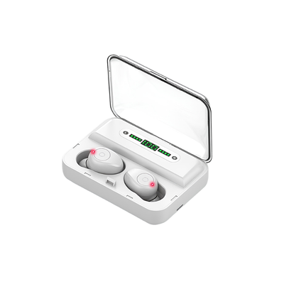 Cuffie Bluetooth binaurali bianche con custodia power bank, display LED,  audio premium e bassi potenti.