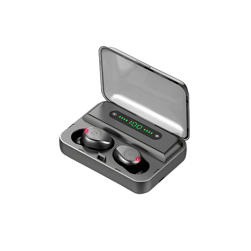 Cuffie Bluetooth binaurali con power bank integrato, display LED al 100% e audio premium per bassi potenti e voci chiare.