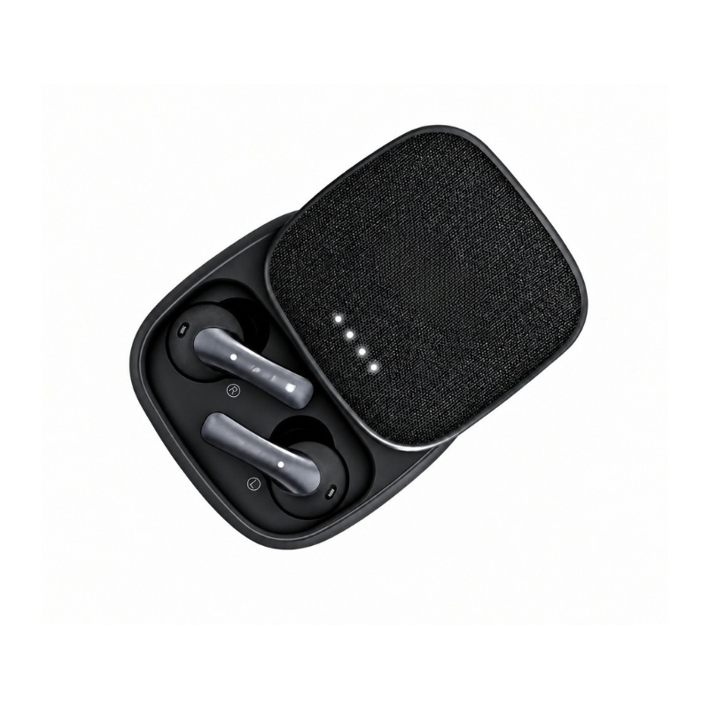 Auriculari wireless con cancellazione rumore, touch e ricarica. Custodia con texture tessuto e indicatori LED, Bluetooth 5.0.
