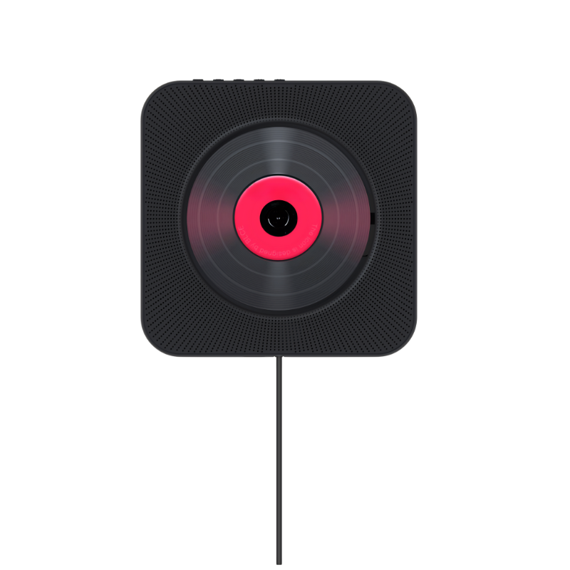 Player CD nero compatto con design quadrato e disco rosa, ideale per riproduzione audio domestica.