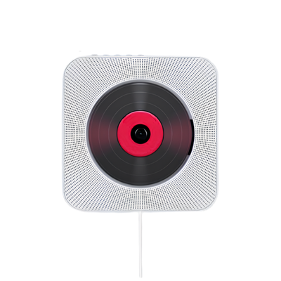Lettore CDqwadato bianco con griglia perforata e disco nero con centro rosso, ideale per musica e apprendimento inglese.