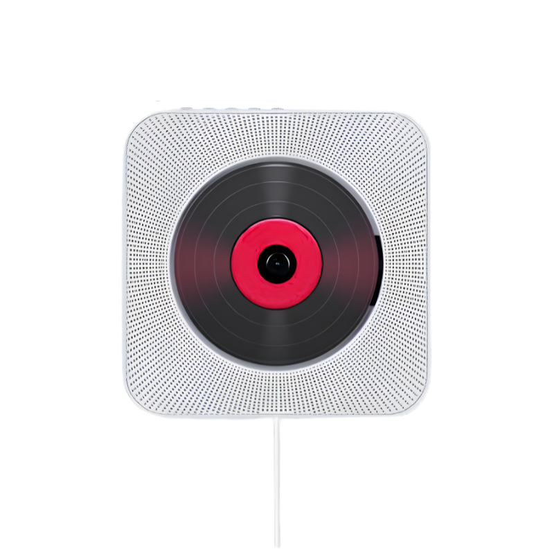 Lettore CDqwadato bianco con griglia perforata e disco nero con centro rosso, ideale per musica e apprendimento inglese.