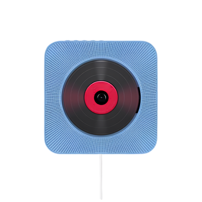 Lettore CD portatile blu a forma quadrata con design griglia, tray di inserimento e centro rosso, ideale come audio MP3 o Repeat.