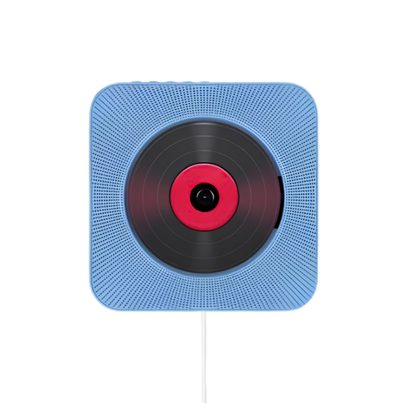 Lettore CD portatile blu a forma quadrata con design griglia, tray di inserimento e centro rosso, ideale come audio MP3 o Repeat.