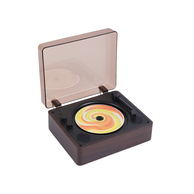Lettore CD portatile in legno con finitura scura, coperchio trasparente e disco colorato, design vintage compatta.