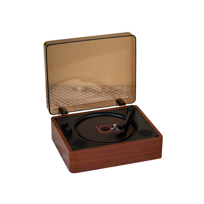 Lettore CD vinyl portatile vintage in legno con coperchio trasparenza e manopole di controllo.