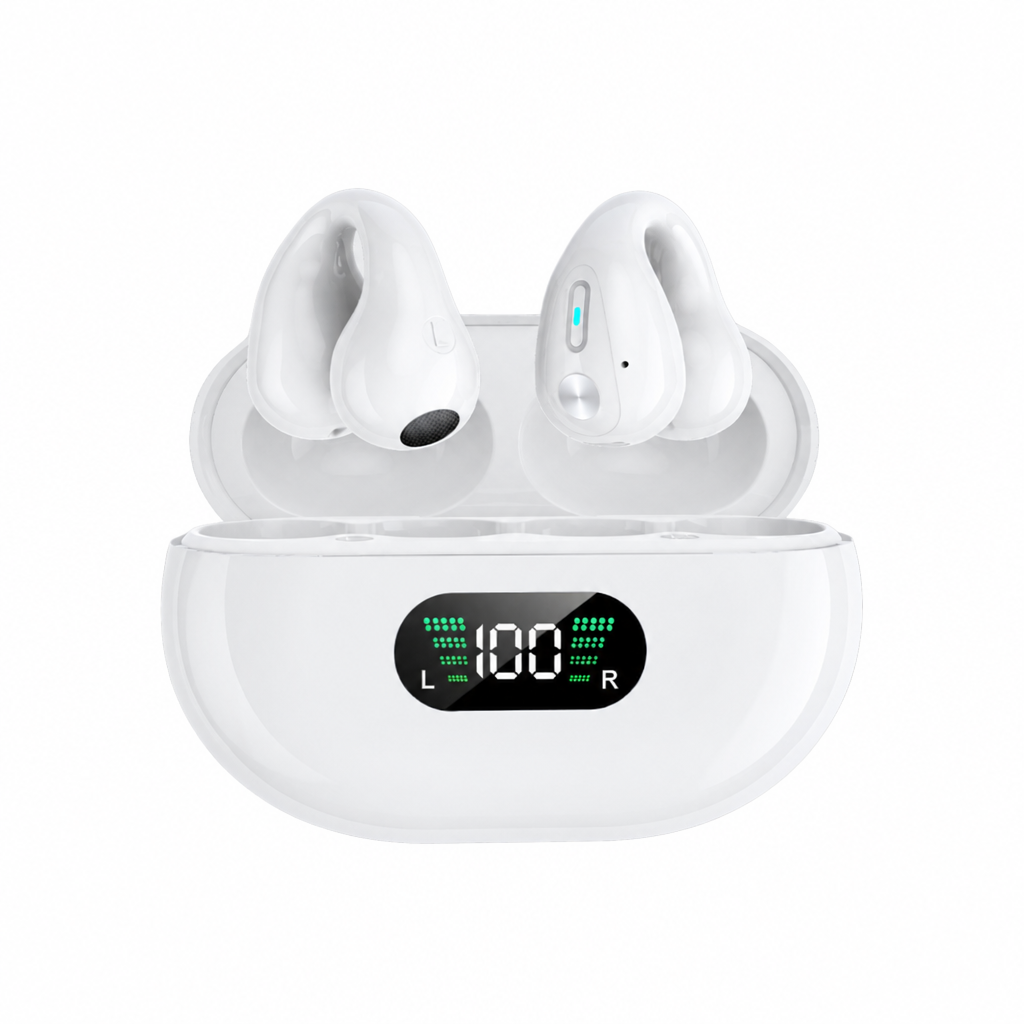 Auricolari wireless a clip blu con display LED che indica carica al 100%. Bluetooth 5.3, sound HI-FI e custodia compatta per sport.