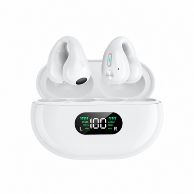 Auricolari wireless a clip blu con display LED che indica carica al 100%. Bluetooth 5.3, sound HI-FI e custodia compatta per sport.