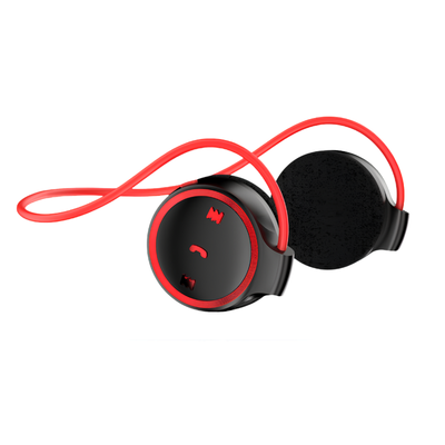 Cuffie Bluetooth cocleari nere con dettagli rossi per chiamate e streaming audio HIFI stabile fino a 20 metri.