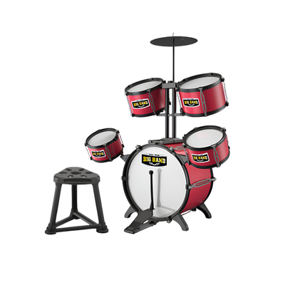 Batteria rossa per bambini con sedile nero. Strumento musicale educativo che sviluppa coordinazione occhio-mano e sensibilità percettiva.