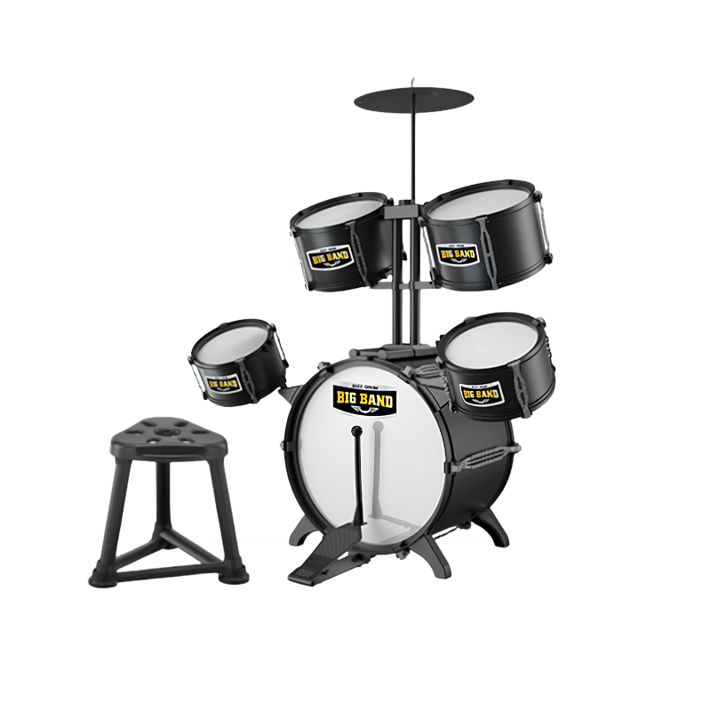 Set batteria nero per bambini con sedile, strumento percussivo educativo per sviluppo coordinazione e interesse musicale.