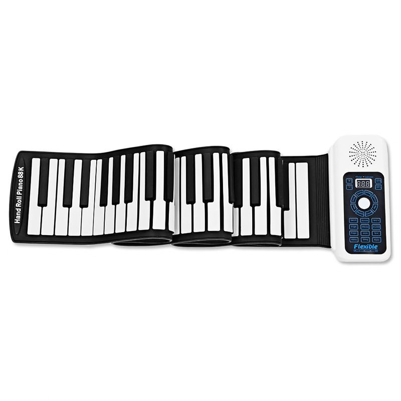 Piano elettrico ripiegabile 88 tasti in silicone e plastica, bianco e nero, con modulo di controllo e altoparlante integrato.
