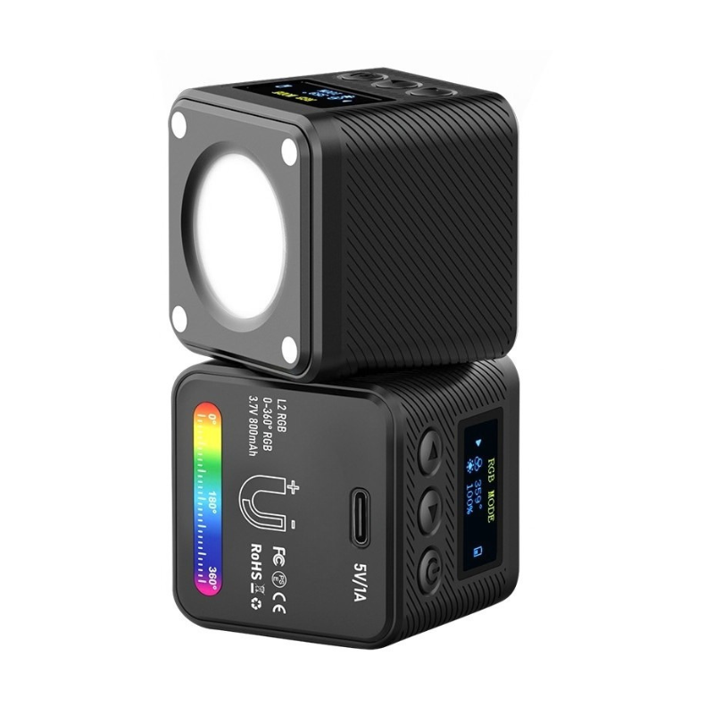Mini luce RGB per camera con magnete, display digitale, dimensioni 41mm e angolo di illuminazione a 60 gradi.