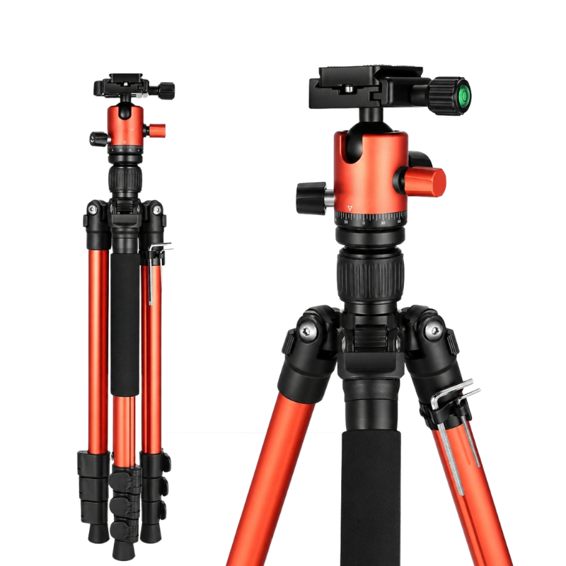 Treppiede portatile arancione in magnesio con testa sferica, ideale per fotografia e video, mostrato aperto e ripiegato.