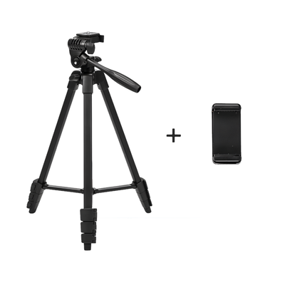 Tripod portatile nero in alluminio con testa e supporto per telefono, ideale per fotocamera SLR e video.