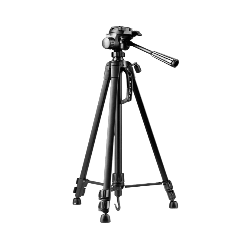 Treppiede nero in alluminio per fotocamera SLR, 3 sezioni, con testa sferica e piastra di rilascio rapido.