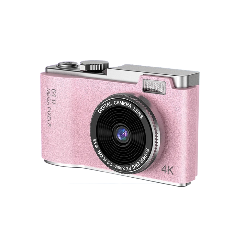 Camera digitale portatile rosa retro per bambini, 64 MP, video 4K, design in silicone e ABS.