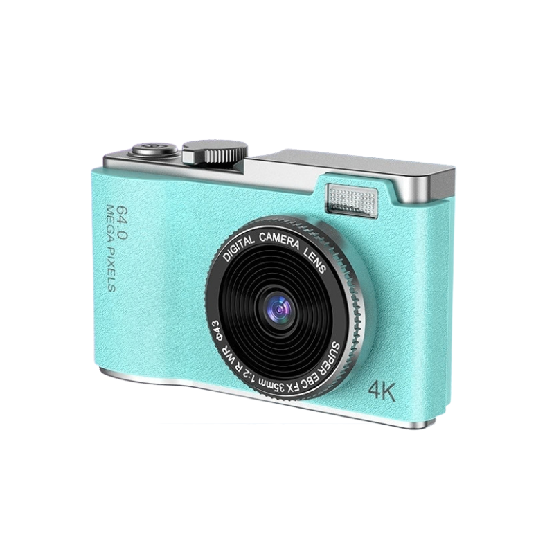 Camera portatile retro per bambini 4K, 64MP, corpo turchese, lente digitale, registrazione video, silicone ABS.