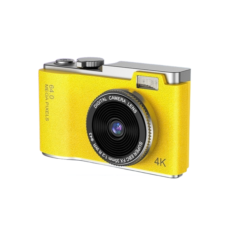 Camera digitale vintage gialla per bambini, 64MP, video 4K, compatta in silicone ABS con cordino.