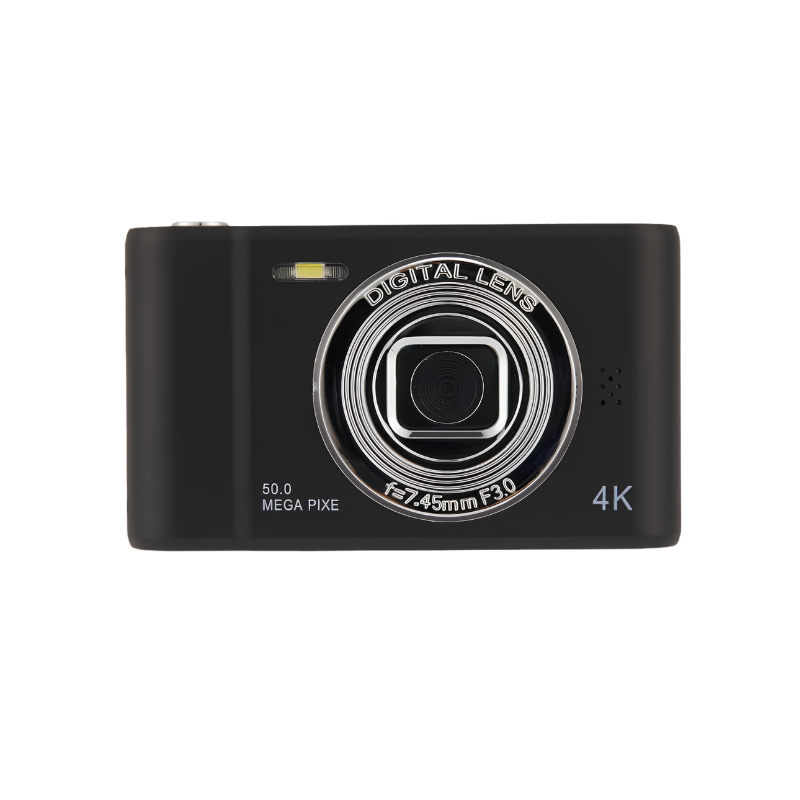 Camera digitale nera retro 4K con lente digitale,闪光灯和50 megapixel per selfie ad alta definizione.