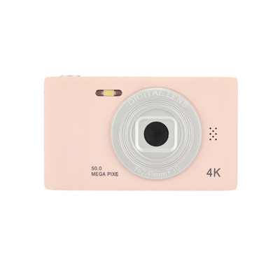 Camera digitale selfie rosa color cipria con lente 4K e flash, ideale per foto retro ad alta risoluzione.