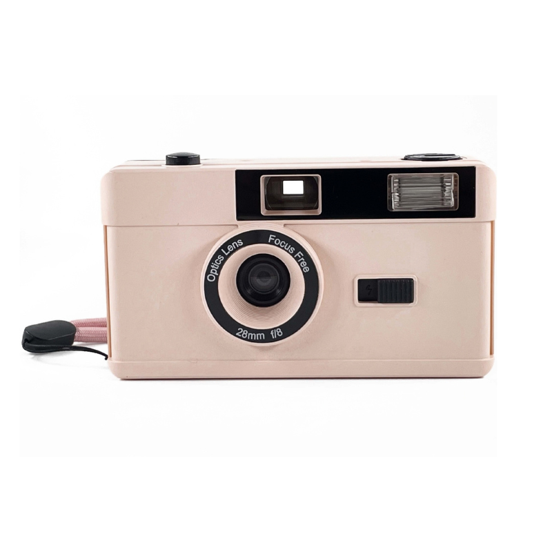 Camera retro 35mm color pesca conflash integrato, lente 28mm e astuccio ABS. Fotocamera analogica focus free con flash.