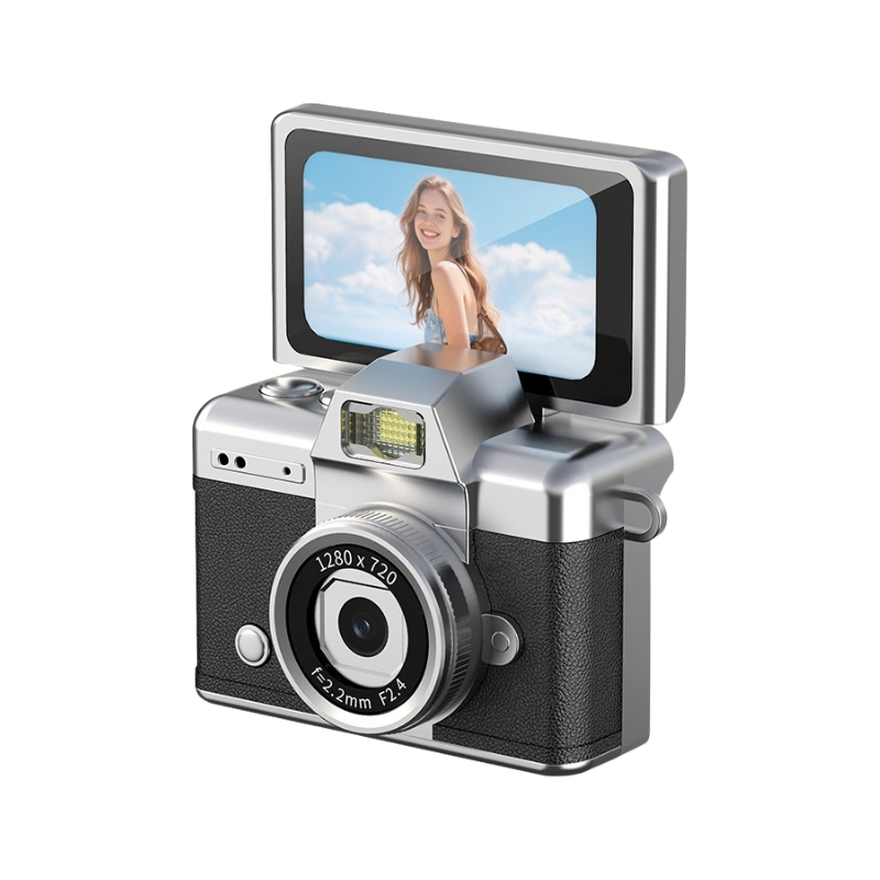 Camera digitale portatile stile retrò con schermo ribaltabile HD, design vintage in ABS e controllo manuale completo.