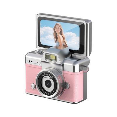 Compatto digitale retro rosa con schermo hd ribaltabile, design vintage,controllo manuale e obiettivo 1280x720.
