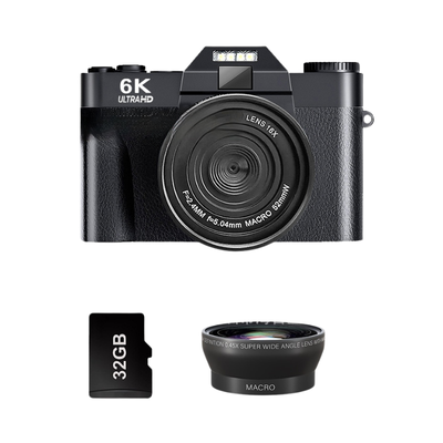 Camera mirrorless retro 6K HD con lente macro, memory card 32GB e obiettivo macro per viaggio e eventi.