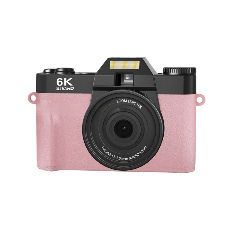 Calamiera digitale mirrorless retro 6K HD rosa con zoom 16x, schermo Full HD e macro, ideale per viaggi e regali.