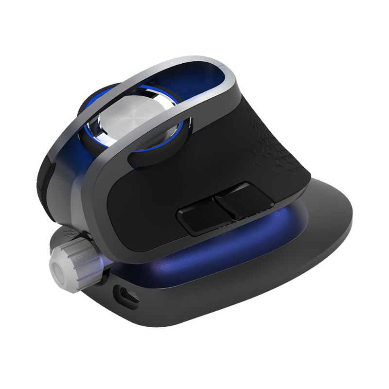 Mouse verticale wireless gaming Bluetooth 2.4G con illuminazione LED blu, 6 tasti, compatibile vari sistemi operativi.