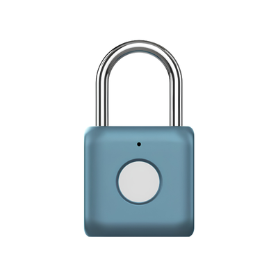 Lucchetto digitale blu con sensore di impronta digitale, apertura 360° e ricarica Micro-USB.