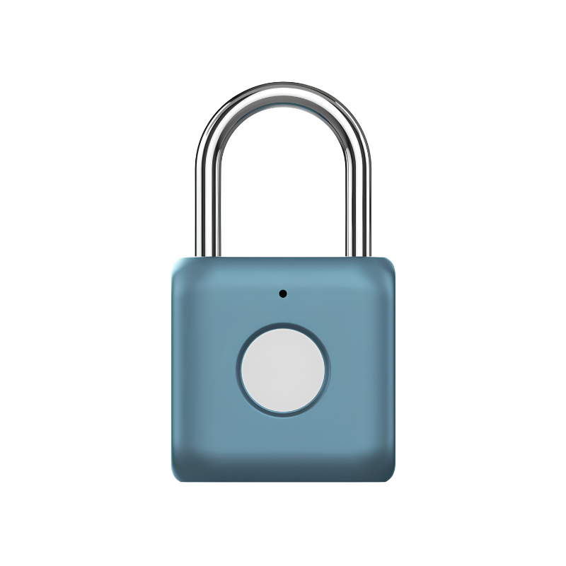 Lucchetto digitale blu con sensore di impronta digitale, apertura 360° e ricarica Micro-USB.