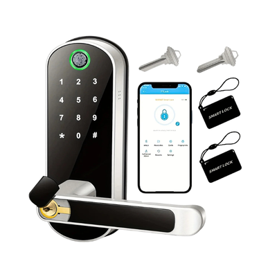 Smart lock con tastiera digitale, lettoreingerprint, app Wi-Fi, 2 chiavi fisiche e 2 tessere NFC IP67 impermeabile.