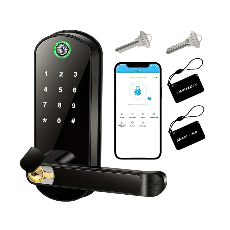 Smart lock digitale con touchscreen, sensoro biometrico e controllo app WiFi. Include 2 chiavi fisiche e 2 tessere NFC per accesso remoto sicuro.